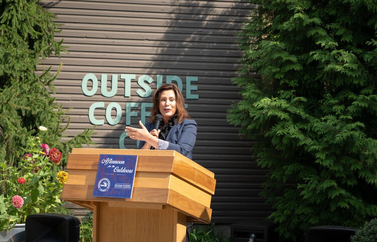 Governor Whitmer speaking about outdoor recreation in Grand Rapids.