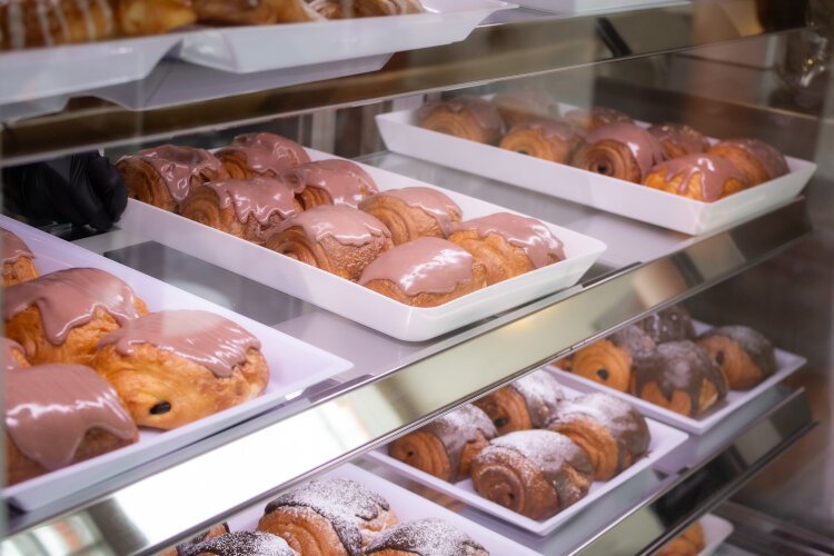 The Chocolate Croissants  displayed in the cases at Chef Sergey’s Bakery