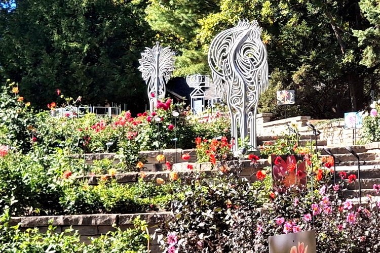 Four cast aluminum sculptures on Dahlia Hill are abstract dahlias with human characteristics representing the four stages of life.