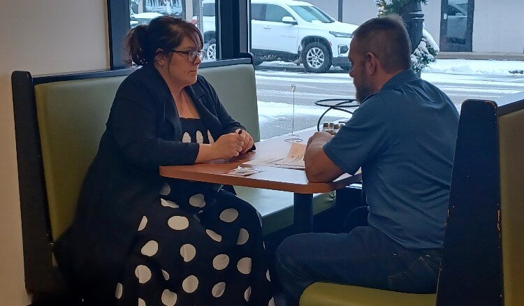 Julia Kepler meets with Gus Wojda of Pizza Sam's 