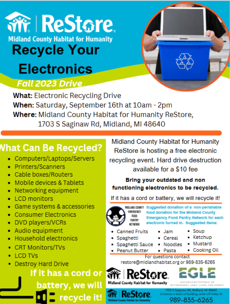 Flyer advertising Habitat ReStore electronics event