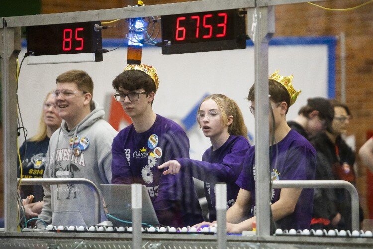 Members of the "CBA RoboKings" of Calvary  Baptist Academy compete in a match during the FIRST at Dow High. 