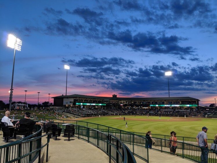 Summer night scene at Dow Diamond.