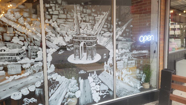 Downtown Midland window art by the Brush Monkeys.