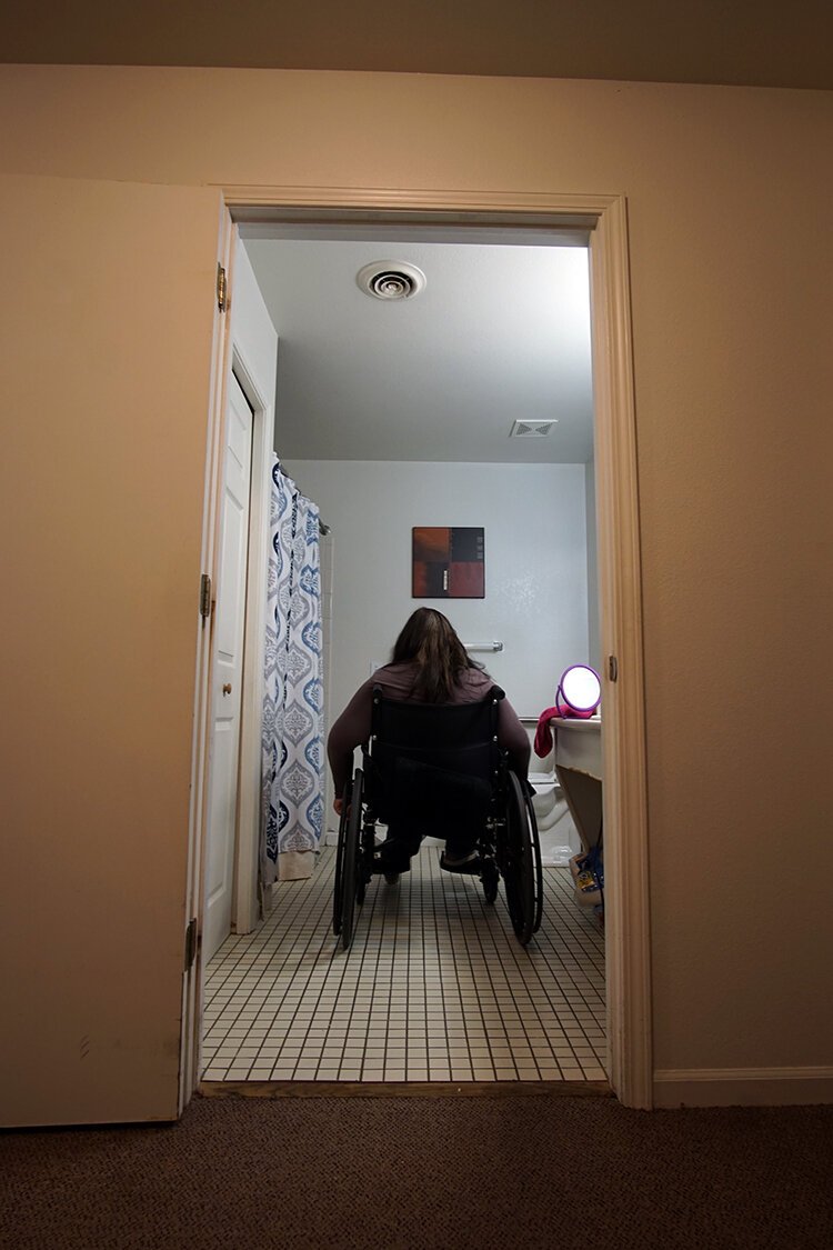 Not only can Purtell fit through the bathroom door comfortably, but there's also plenty of room to move around. The shower is spacious, too.