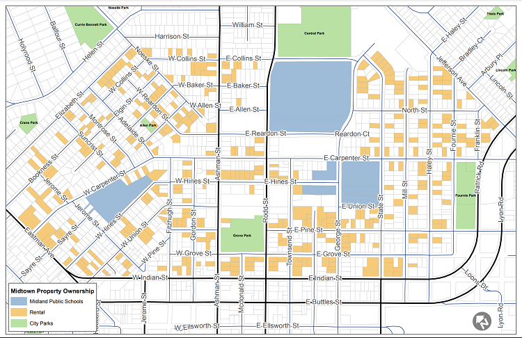 Midland's Center City has many rental properties. The imbalance of housing and rental units can lead to neighborhood deterioration.