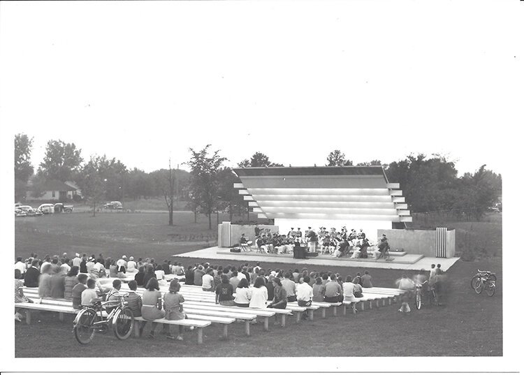 Home of the Chemical City Band, the Nicholson-Guenther Band Shell was designed in 1938 by Alden B. Dow. (Photo by Elmer Astleford. Photo courtesy of the Alden B. Dow Archives)