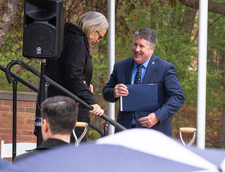 Northwood President Kent MacDonald takes the stage at the Mall Walk groundbreaking event.