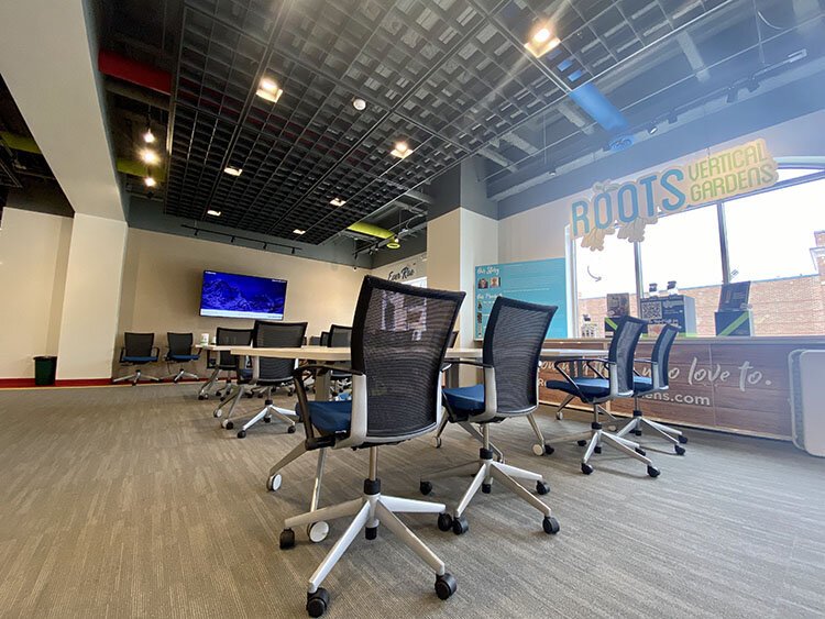 Everything is on wheels so the space can easily be rearranged for a variety of purposes. The Entrepreneur in Residence — a student’s or community member’s business — are displayed in the window.