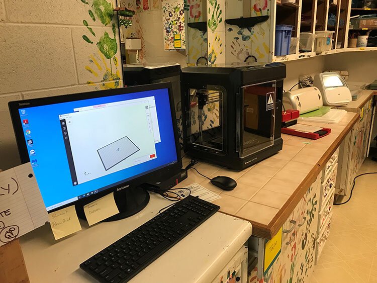 This is the digital Maker Space, featuring a new MakerBot 3D printer — purchased with the James R. and Anita Horne Jenkins Family Foundation Grant. They’re looking for donations of small digital cameras to supplement the space.
