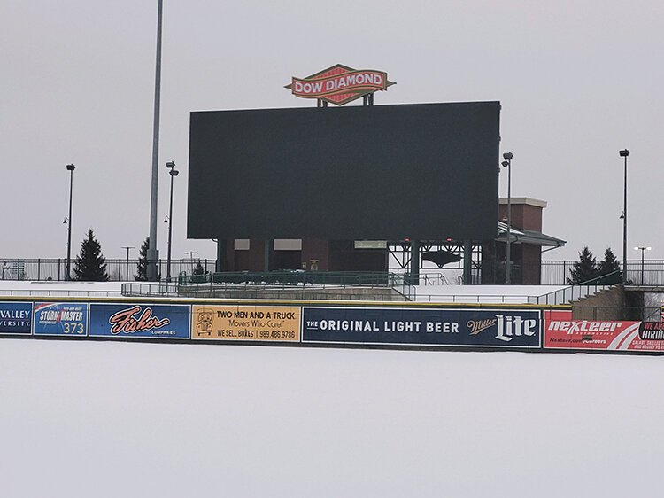 The landmark scoreboard at Dow Diamond sits dormant.