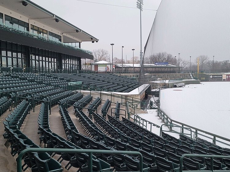 A view of the stands along the third-base line on a chilly, wet January day.