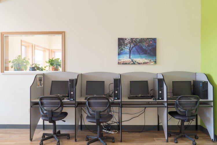 Computers for research and job searches are available for use.