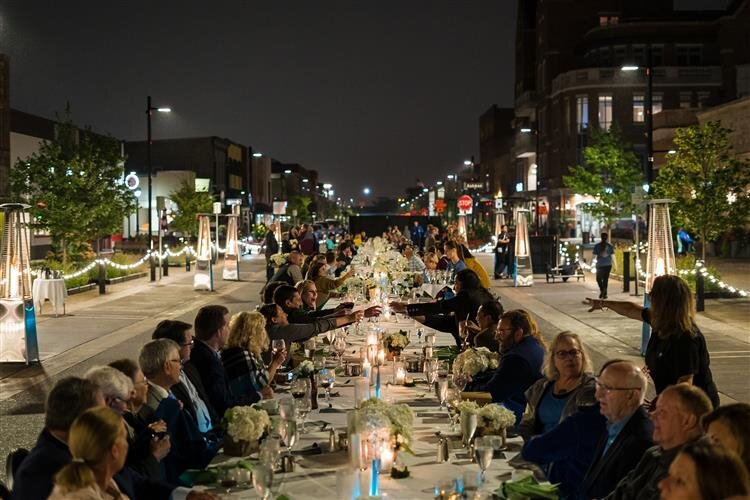 Downtown Midland was lined with lights as night fell.