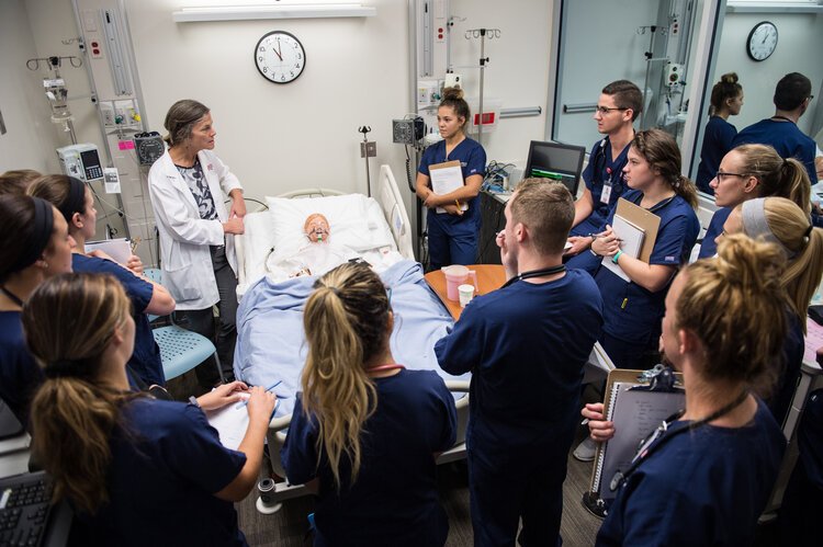 Students in Saginaw Valley State University’s nursing program participate in a lab.