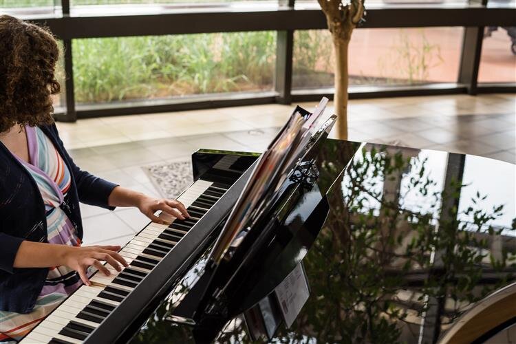 Natalie Schram, who also plays the harp performs for her first time in the lobby.