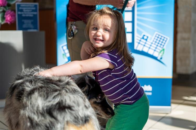 Grace Hedlund, daughter of Ariane Hedlund, pets one of the dogs while visiting family at the hospital.
