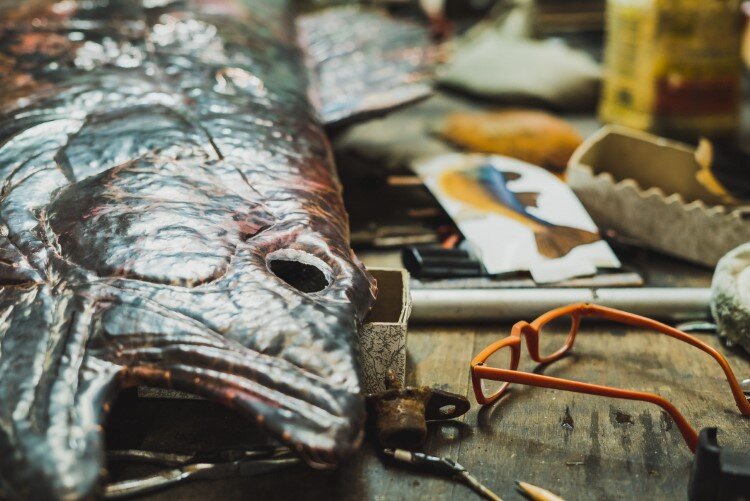 A large copper bass that Ardis is currently working on.