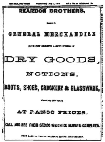 An ad for Reardon Dry Goods, a retail business in Midland that has been in the Brines family since 1869.