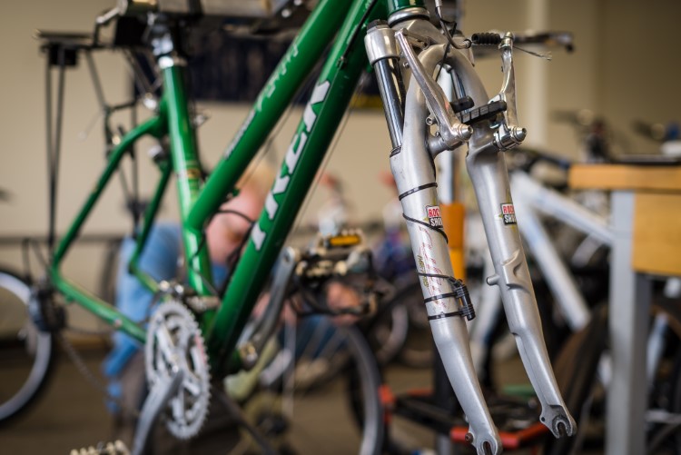A bike getting tuned up at Bicycle HQ in Midland.
