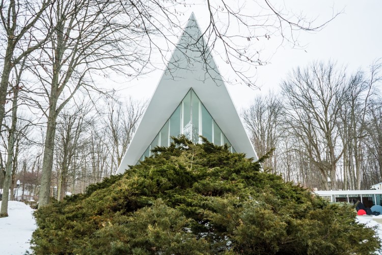 The sanctuary’s 148-foot long roof is what’s known as a hyperbolic paraboloid.