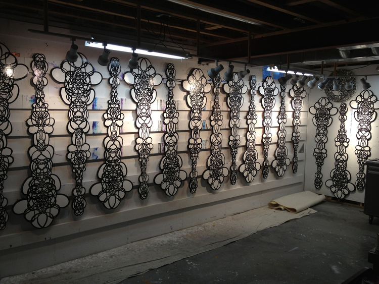 The components of 'Mediation' in Mark's workshop as they finalized for ArtPrize 2013.