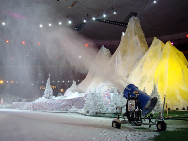 A snow machine at work in Beijing during the Olympics. 