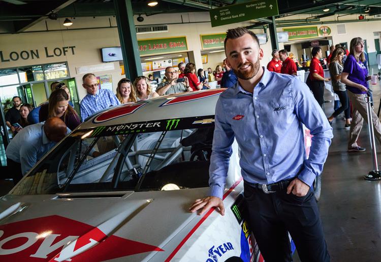 Austin Dillon with the new car design at Dow Diamond.
