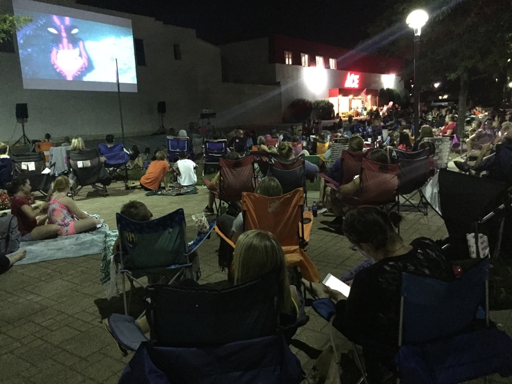 Movies on Main set up on the side of Ace Hardware