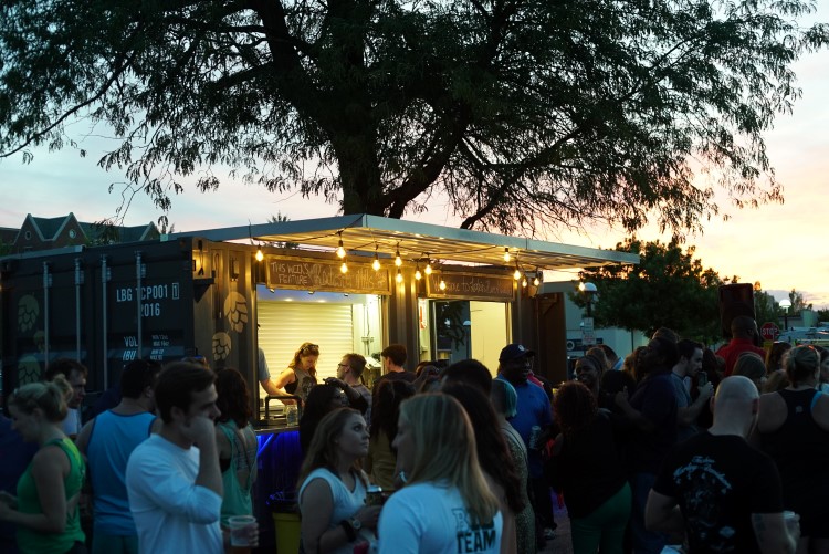 Sunset at Larkin Beer Garden on a busy summer night.