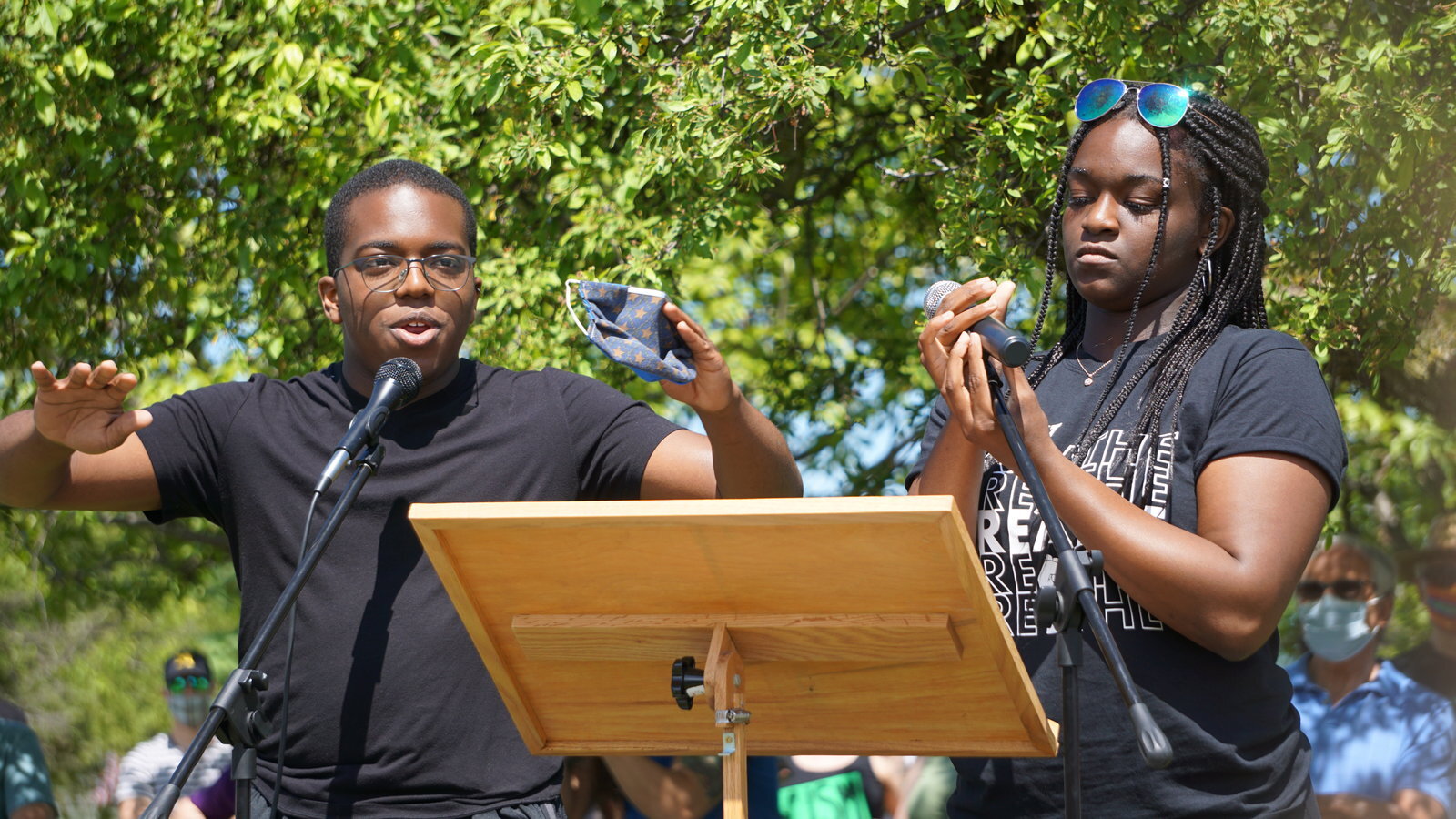 Jonathan and Adia Haynes speak to the crowd on June 7.