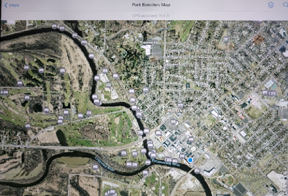 Capture of a map of memorials in City of Midland parks. Memorial locations represent by symbols of a bench.