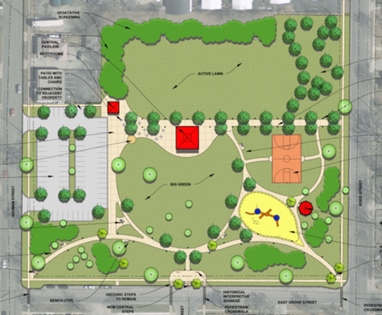 The restrooms will be located in Grove Park near the parking lot along Ashman Street.