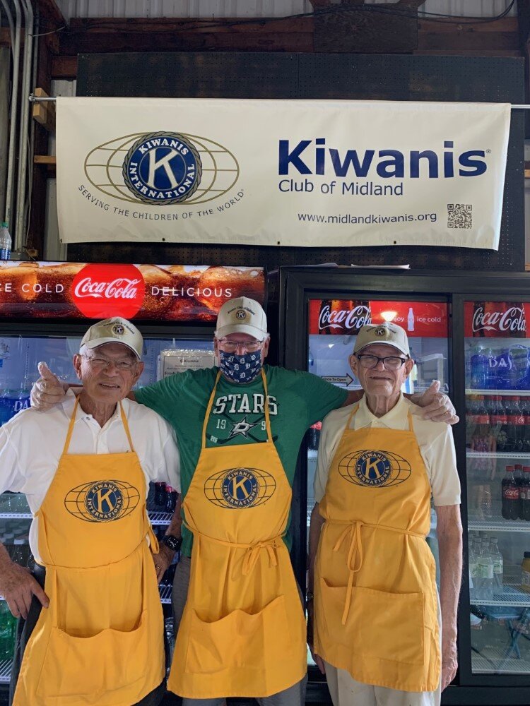 Frank Aerstin, Cal Goeders, Roger Bohl at the Midland County Fair Kiwanis Popcorn Booth 