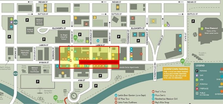 The yellow highlighted square marks the Commons area, where alcohol will be permitted. The red section is where the pedestrian plaza will be.