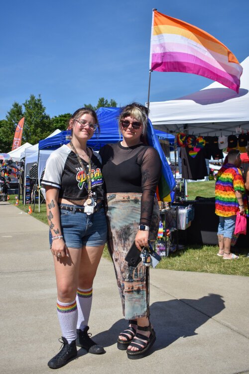 Maddie Lewandowski and Gracie Redmond pose for a photo at the Jolt Credit Union Event Park in Saginaw