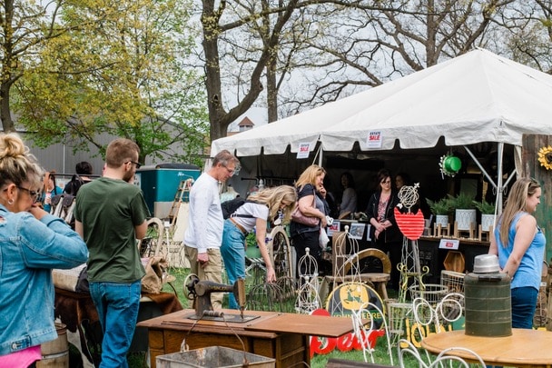 Shoppers at an antique booth