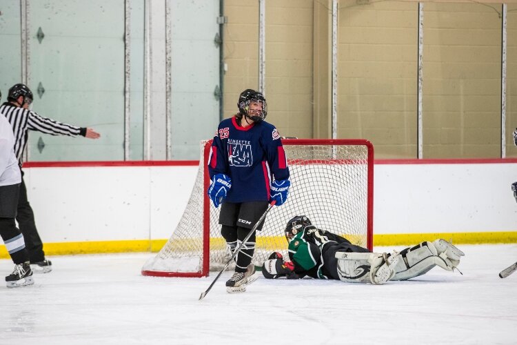 Players, including Renee Hoppe, divide into teams each week to play games on three 12-minute periods during the 12-game women’s hockey season.