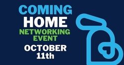 Casual conversations keep the Coming Home event from feeling like a traditional job fair. During the 2018 event, participants gathered at high-top tables.