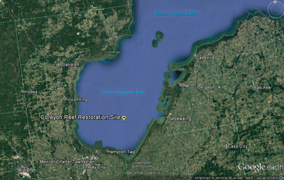 The Coreyon Reef is located approximately 8.5 miles west of Fish Point or about 10 miles north of Quanicassee.