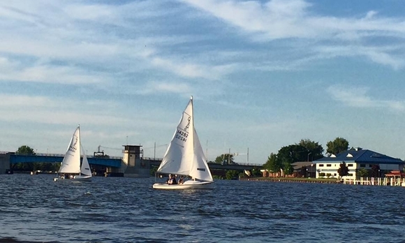 Sailing lessons are held on the Saginaw River in downtown Bay City every summer. StudentSs learn the parts of the sailboat, basic knots, launching, docking, and sailing maneuvers. (Photo courtesy of the Saginaw Bay Community Sailing Association)