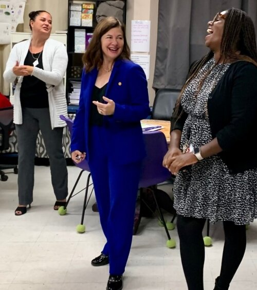 McDonald Rivet laughs during a visit to Bay City Academy. (Photo courtesy of Sen. Kristen McDonald Rivet)