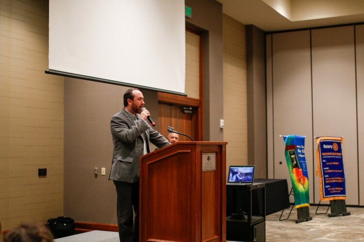 The students began their day with the Rotary Clubs of Bay City. Trevor Keyes, co-chair of the 2023 Rotary Vocational Days and Bay Future President, talks to the students and professionals. (Photo courtesy of Emily Woodruff Photography)