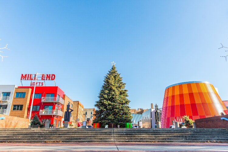 A decorated tree overlooks Downtown Bay City from Wenonah Park.
