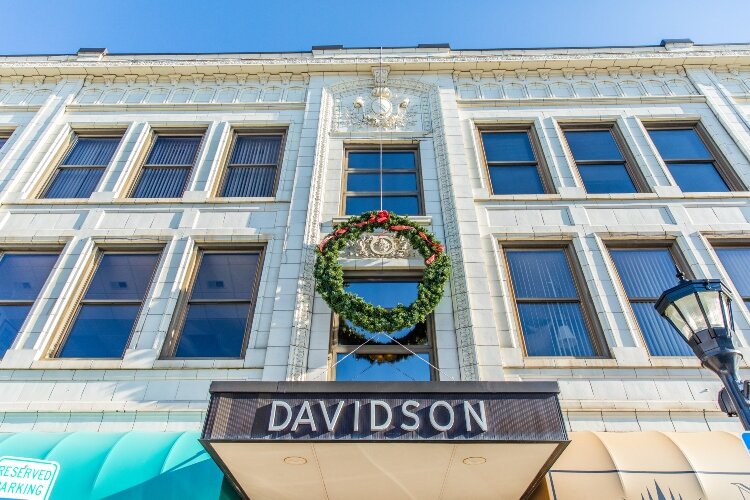 Giant wreaths give downtown a festive atmosphere.