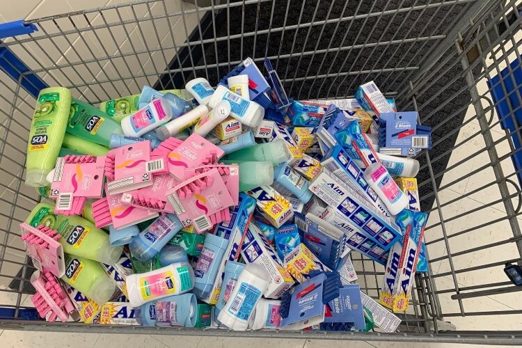 Wrezesinski and a team of teens shop and accept donations to fill hundreds of bags with soap, shampoo, toothpaste, and other essentials. (Photo courtesy of Grace Wrzesinski)