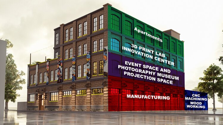 Golden envisions the four-story building as home to manufacturing, event space, a photography museum, 3-D print lab and innovation center, as well as apartments for student artists.