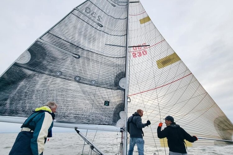 The Sharon Kaye crew sails on a downwind leg during a recent Main & Jib race