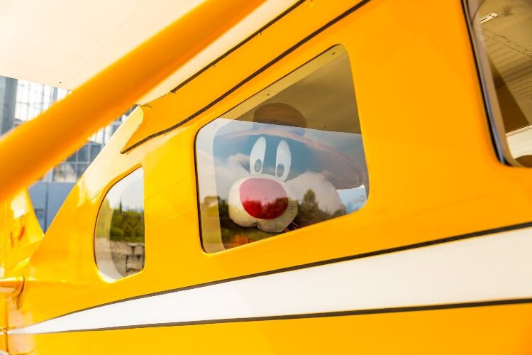 Staudacher keeps a stuffed Sylvester the Cat in the cockpit to match Tweety Bird on the tail.