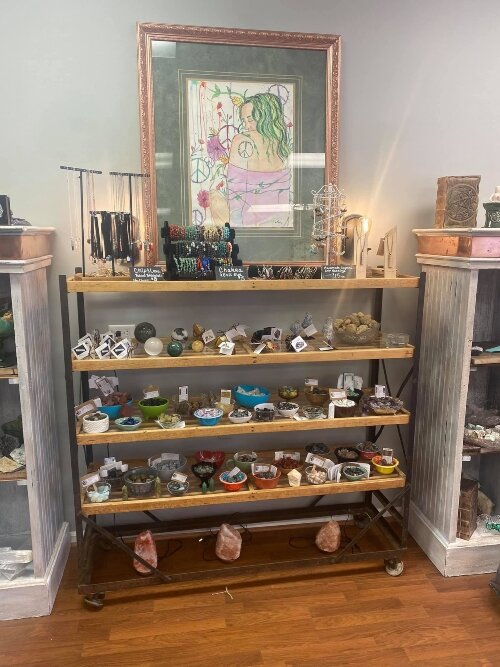 You’ll find aromatherapy oils, jewelry, crystals, clothing, and more inside the store.